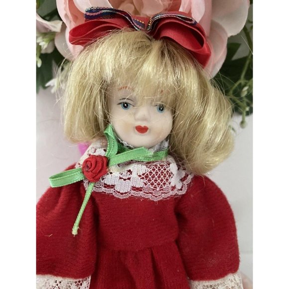 Vintage Porcelain‎ 8″ Doll with Long Red Dress Lace - Picture 2 of 12